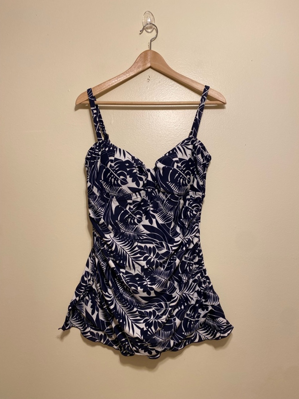 SHORE SHAPES SWIMWEAR Navy and White Tropical Print Swimdress. Size 12-14
